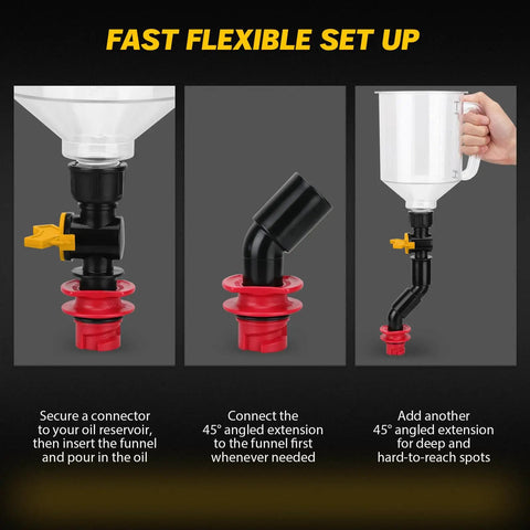 No Spill 18 Piece Engine Oil Funnel Kit With 1.59 Qt Coolant Funnel setup illustration with connectors and angled extensions