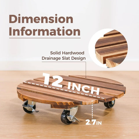 Tough Wood Plant Stand With Wheels 12 Inch Rolling Planter Caddy with durable hardwood slat design and swivel casters.