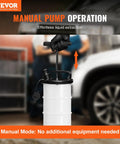 Front view of VEVOR 6.5L manual fluid extractor pump; white canister, black lid, dipstick and suction hose visible.