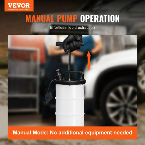 Front view of VEVOR 6.5L manual fluid extractor pump; white canister, black lid, dipstick and suction hose visible.
