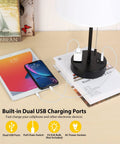 Set of 2 Modern Bedside Lamps With Ivory White Barrel Shade and Sleek Silver Metal Base, Dual USB and AC Ports
