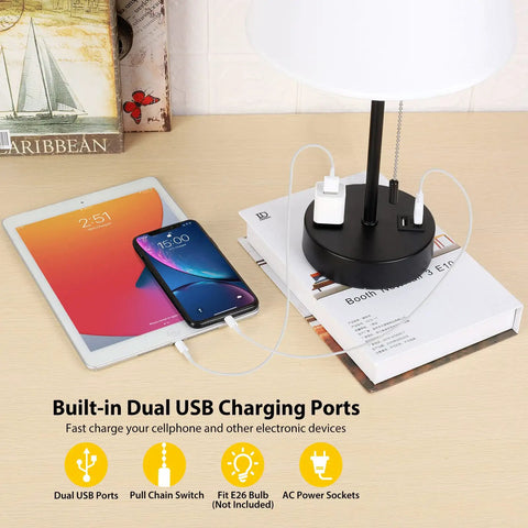 Set of 2 Modern Bedside Lamps With Ivory White Barrel Shade and Sleek Silver Metal Base, Dual USB and AC Ports