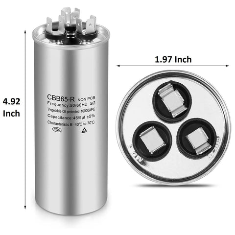 45 Plus 5 MFD Dual Run Capacitor For Air Conditioner And Heat Pump, 370 440 VAC, CBB65 Round Design, Oil Filled, UL Approved