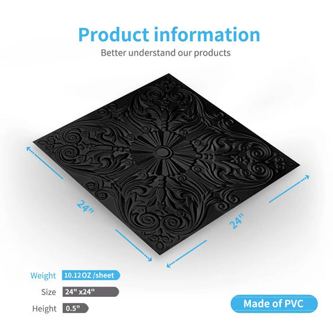 Decorative Ceiling Tile 2x2 Glue Up or Lay In 24x24 Pack of 12 Black Spanish Floral Drop Ceiling Grid PVC Lightweight