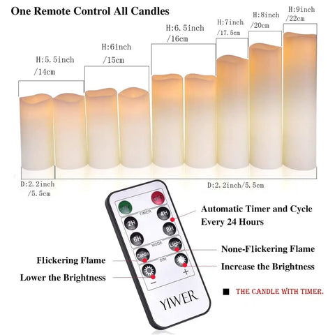 Set Of Nine Ivory Real Wax Flameless Pillar Candles Battery Operated 4 Inch Through 9 Inch Heights With 10 Key Remote And 24 Hour Cycling Timer.