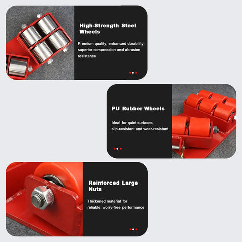 High-strength steel wheels and PU rubber wheels of No Sweat Heavy Duty Machinery Mover With 5000 Pound Capacity and Rugged Steel Frame.