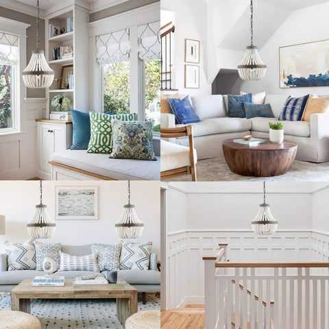 Four interiors featuring Three Light Boho Wood Beaded Chandelier With White Finish Pendant Light For Bedroom Kitchen Island And Girl Room Rustic Bohemian Style With Adjustable Rope Chain Easy To Install.