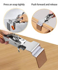 Adjustable Drawer Front Installation Clamps Featuring Hella Secure Grip and Quick Lock Design shown in use on cabinet drawer.