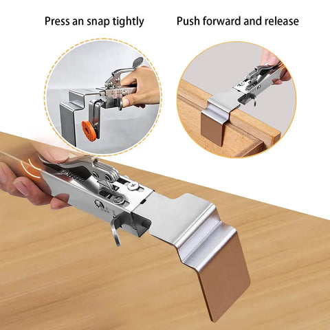 Adjustable Drawer Front Installation Clamps Featuring Hella Secure Grip and Quick Lock Design shown in use on cabinet drawer.