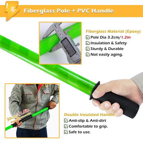 Pro Grade Insulated Rescue Pole Six Point Five Ft High Voltage Rescue Hook shown with measurement and grip details.