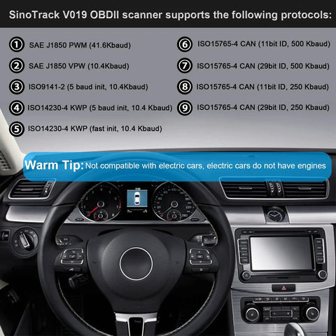 Car dashboard with Sinotrack V019 OBDII protocols list, compatible with OBD2 Bluetooth Car Diagnostic Scanner For iOS And Android.