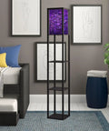 Three In One Floor Lamp With Shelves And USB Ports Power Outlet, Linen Fabric Shade, 63 Inch Tall in room setting