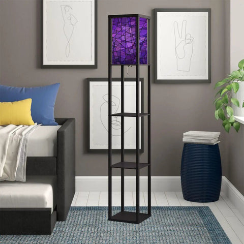 Three In One Floor Lamp With Shelves And USB Ports Power Outlet, Linen Fabric Shade, 63 Inch Tall in room setting