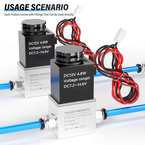 Two 12V DC One Quarter Inch NPT Solenoid Air Valves, 2 Way Normally Closed, 2V025-08 Outlet Wire, shown with fittings