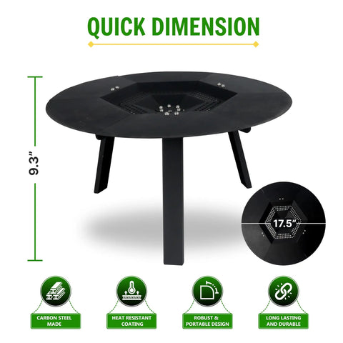 Stainless Steel Fire Pit Heat Deflector With Two Lifting Handles For 15 Inch Pits Compatible With Solo Stove Ranger And More Even Heat Distribution For Warm Cozy Outdoor Nights showing dimensions 9.3 inches high, 17.5 inches diameter, carbon steel made.