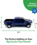 Realistic Ram 3500 Mega Cab Dually truck toy with trailer hitch dimensions, 1:20 scale, durable plastic, side view for kids.