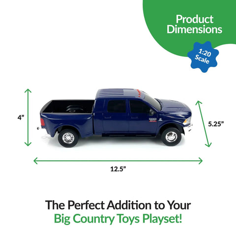 Realistic Ram 3500 Mega Cab Dually truck toy with trailer hitch dimensions, 1:20 scale, durable plastic, side view for kids.