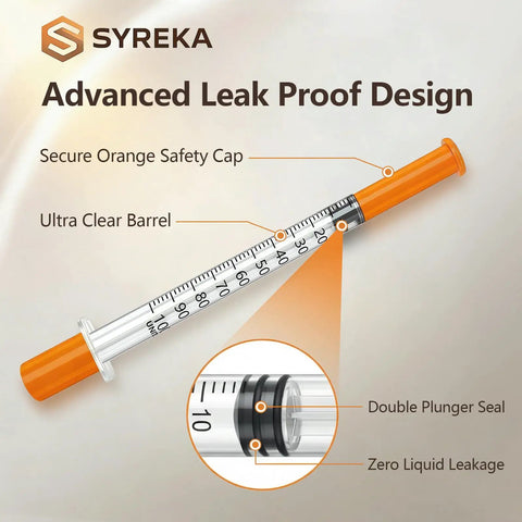 Disposable 1ml Syringe 31G Needle Five Sixteenth Inch 8mm With Leak Proof Airtight Plunger And Individually Sealed Pack Of 100 For Lab Tools Supplies Safe Handling And Precise Dosing In Medical And Laboratory Work. Orange syringe with clear barrel and safety cap