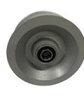 Pair Of Replacement Chain Link Gate UGroove Pipe Wheels Fits One And Five Eighths Inch Pipe Sealed Bearing For Long Life Five Inch Outer Diameter Cast Steel With Machined Finish showing front view.
