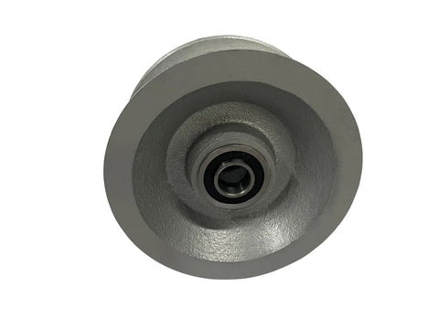 Pair Of Replacement Chain Link Gate UGroove Pipe Wheels Fits One And Five Eighths Inch Pipe Sealed Bearing For Long Life Five Inch Outer Diameter Cast Steel With Machined Finish showing front view.