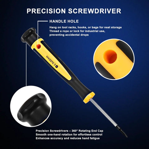 All In One Magnetic Screwdriver Set With Case For Home Repairs And DIY Projects Precision Bits And Flexible Shaft Perfect For Furniture Assembly Electronics Fixes And Everyday Maintenance showing precision screwdriver handle with hole for storage.