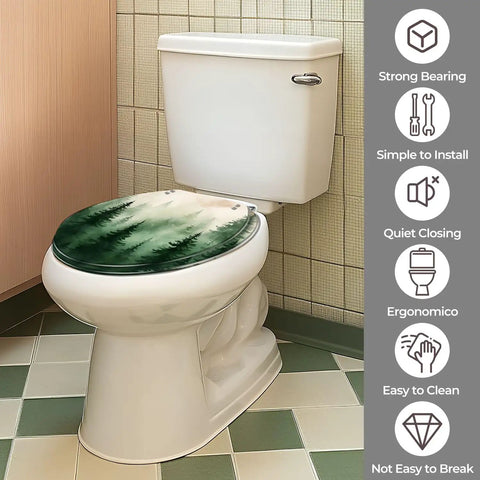 Toilet Seat Round Resin for Bathroom featuring forest design, fits standard toilet dimensions, easy to install and clean.