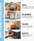 Chamber Vacuum Sealer Bags Heavy Duty BPA Free Pre Cut Pouches For Food Preservation And Freezer Storage Not For Use With FoodSaver Household Sealers Sous Vide Ready 250 Pack 8x10 Multi Use For Meal Prep in use, sealing food and cooking with sous vide and stovetop.