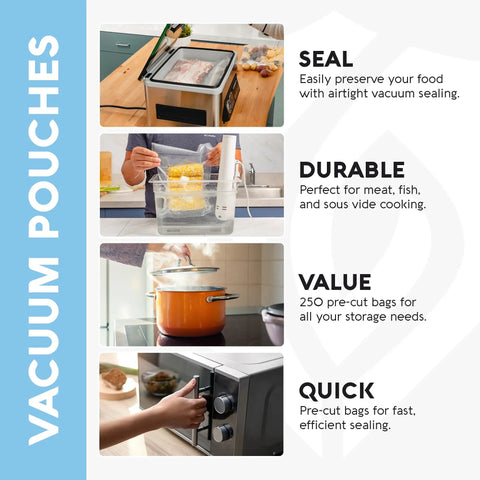 Chamber Vacuum Sealer Bags Heavy Duty BPA Free Pre Cut Pouches For Food Preservation And Freezer Storage Not For Use With FoodSaver Household Sealers Sous Vide Ready 250 Pack 8x10 Multi Use For Meal Prep in use, sealing food and cooking with sous vide and stovetop.