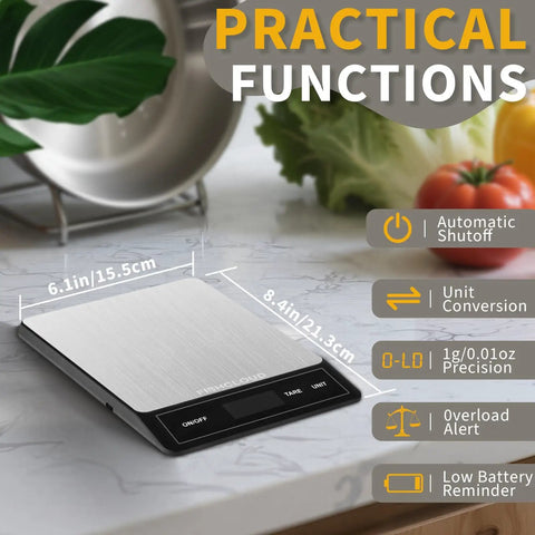 Rechargeable Digital Kitchen Scale Your Go To Helper For Home Cooks With 33 Lb Capacity And 1g And 0.05oz Precision Type C Stainless Steel LCD Display Switchable Grams Ounces For Cooking Baking Meal Prep Ash Silver on counter top