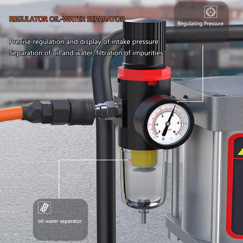 Oil-water separator on Heavy Duty Pneumatic Grease Pump For 5 Gallon Drums, 70 To 1 Pressure Ratio, 40L Capacity, adjustable regulator.