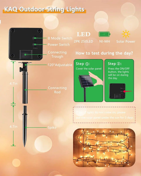 Diagram of 2Pack 500LED Solar String Lights Outdoor Waterproof 180FT With 8 Modes IP65 Warm White Twinkle showing components and setup.