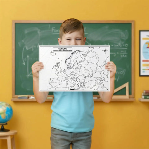 Child holding Europe Map 11x17 Laminated Dry Erase Chart, Double-Sided With Color Front And Blank Outline Back in classroom setting
