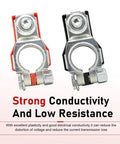 Premium Battery Terminal Connectors Set 2 Rustproof Positive And Negative Top Post Clamps with washers against a light background.