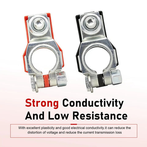 Premium Battery Terminal Connectors Set 2 Rustproof Positive And Negative Top Post Clamps with washers against a light background.