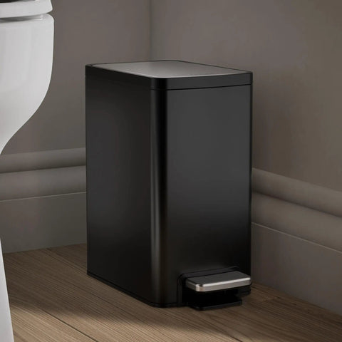 Black Stainless Small Trash Can With Foot Pedal And Quiet Close Lid 1.6 Gallon 6 Liter Fingerprint Resistant against wall