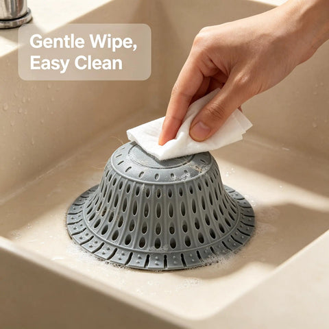 Cleaning Bathtub Drain Strainer Silicone Bathroom Stopper Fixture with a cloth in a sink, showing effective use.