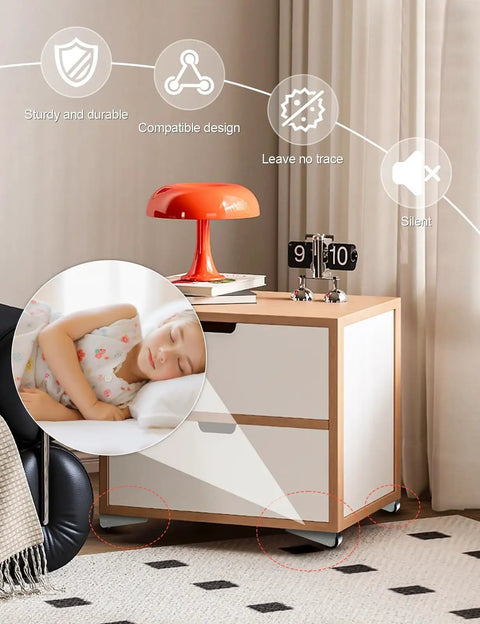 Eight Pack Nifty Low Profile Rigid Caster Wheels under a nightstand, ideal for smooth, silent movement in home decor.