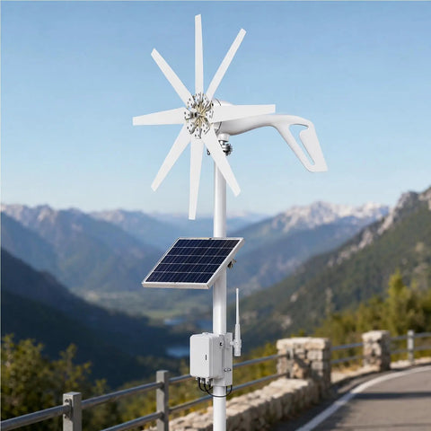 2000W Wind Turbine Generator Kit for 24V Home, RV, and Boat Use with 8 Blade Three Phase AC System in mountain setting
