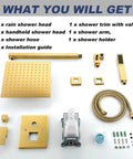 Brushed Gold Shower System With 10 Inch Rain Head High Pressure Faucet Set all parts laid out including hose and brass mixer valve.