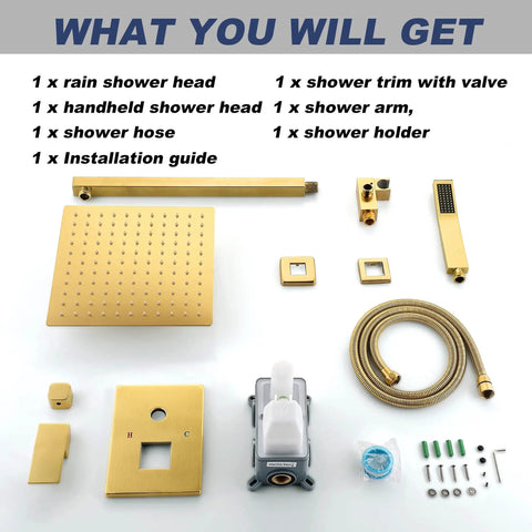 Brushed Gold Shower System With 10 Inch Rain Head High Pressure Faucet Set all parts laid out including hose and brass mixer valve.
