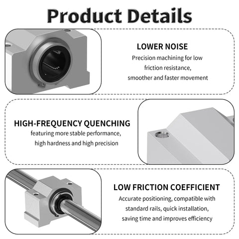 SCV12UU Linear Ball Bearings Set 12Mm ID by 42Mm Length, aluminum with double seal in product details view with noise reduction features.