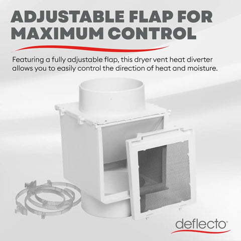 No Brainer Extra Heat Dryer Saver For 4 Inch Ducts With Two 4 Inch Plastic Clamps in white showing adjustable flap and clamps