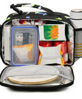 Durable Insulated Lunch Box For Kids And Teens, Lightning Bolt Theme, Kid Friendly Cooler Tote With Shoulder Strap, Reusable School Lunch Bag, 6.5L Capacity, Fits Six Packs, Black, open with lunch containers