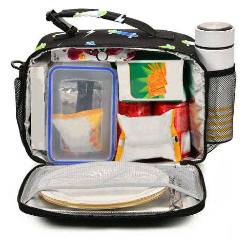 Durable Insulated Lunch Box For Kids And Teens, Lightning Bolt Theme, Kid Friendly Cooler Tote With Shoulder Strap, Reusable School Lunch Bag, 6.5L Capacity, Fits Six Packs, Black, open with lunch containers