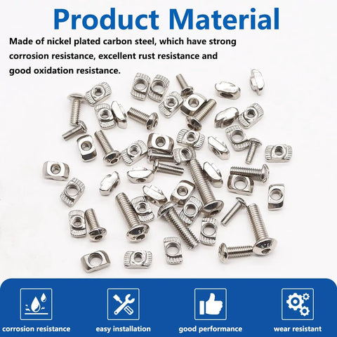 260Pcs M3 M4 M5 T Slot Nuts and Button Head Screws Kit for 2020 Aluminum Extrusion Profile Nickel Plated Carbon Steel Hammer Head Fasteners Easy Install Heavy Duty DIY Hardware displayed on surface.