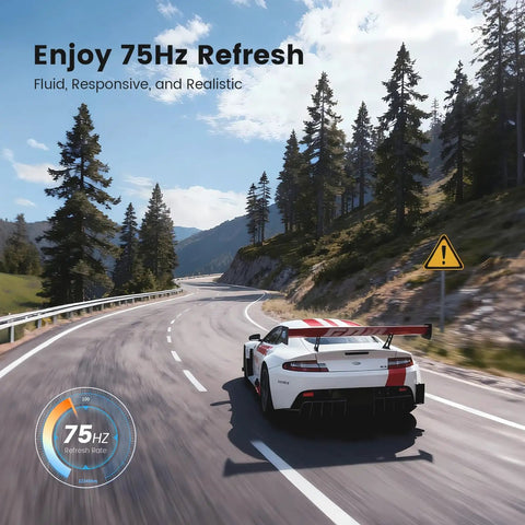 Car racing on mountain road showcasing 75Hz refresh rate, highlighting fluid, responsive visuals ideal for 17 Inch Security Camera Monitor For CCTV And NVR Systems With 1280 By 1024 Resolution 5 4 Aspect 75Hz Refresh USB HDMI VGA BNC Inputs Built In Speaker And Remote.