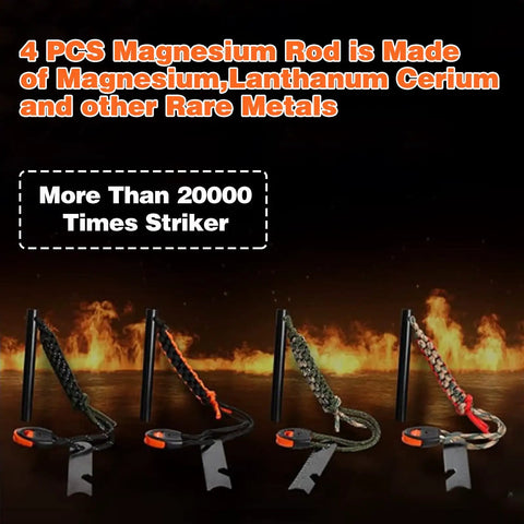 4 Pack Ferro Rod Fire Starter Kit With Paracord Handle Flint And Steel 6 in 1 Survival Tool shown against a fire background