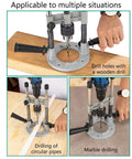 Versatile Drill Press Attachment For Vertical And Angled Boring With Rubberized Base Protection and Pro Grade Depth Stop in use