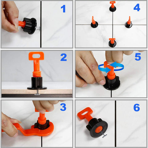 Tile Leveling System Kit With 100 Tile Levelers, 2 Wrenches And 500 2mm Spacers shown in use on ceramic tiles with rotating thread design