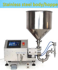 No Fuss Solid Build Single Head Stainless Steel Liquid And Paste Filling Machine featuring digital LCD screen and large stainless steel hopper.
